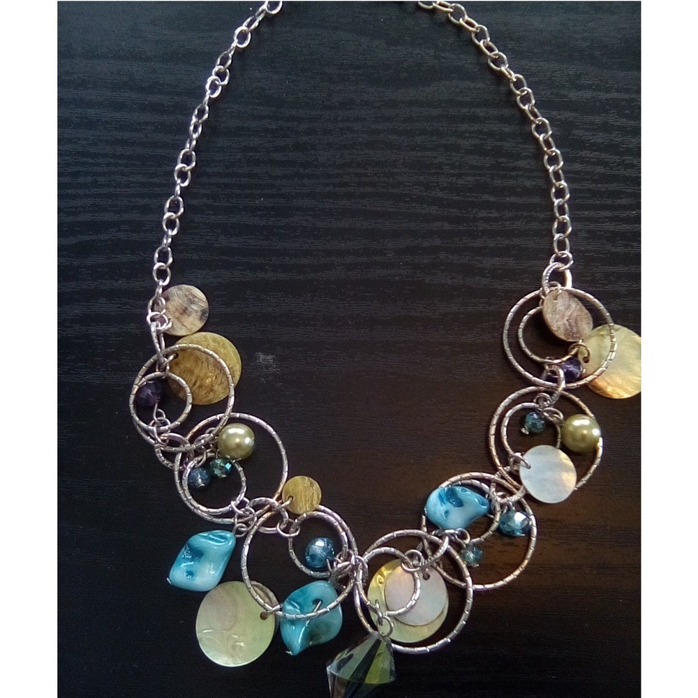 Silver Tone Multi Strand Statement Necklace Shell Glass Bead Boho Mixed